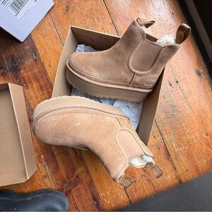 UGG Chestnut suede platform slip on boots